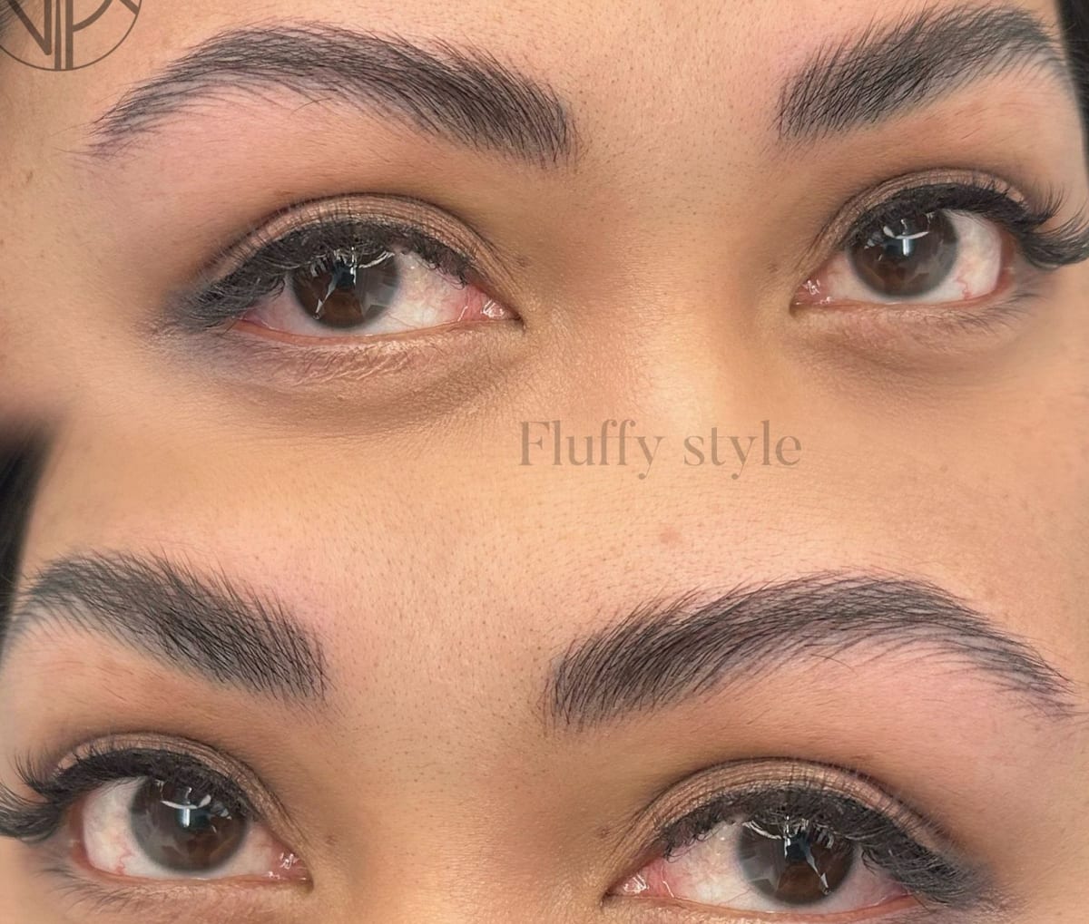 Två närbilder på fluffiga nano brows och bruna ögon